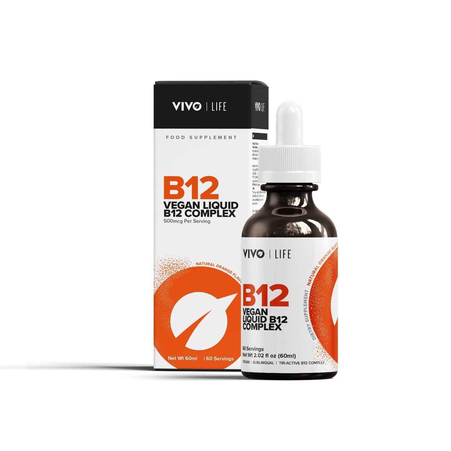High potency vegan B12 supplement by Vivo Life in a sleek bottle with label design visible.