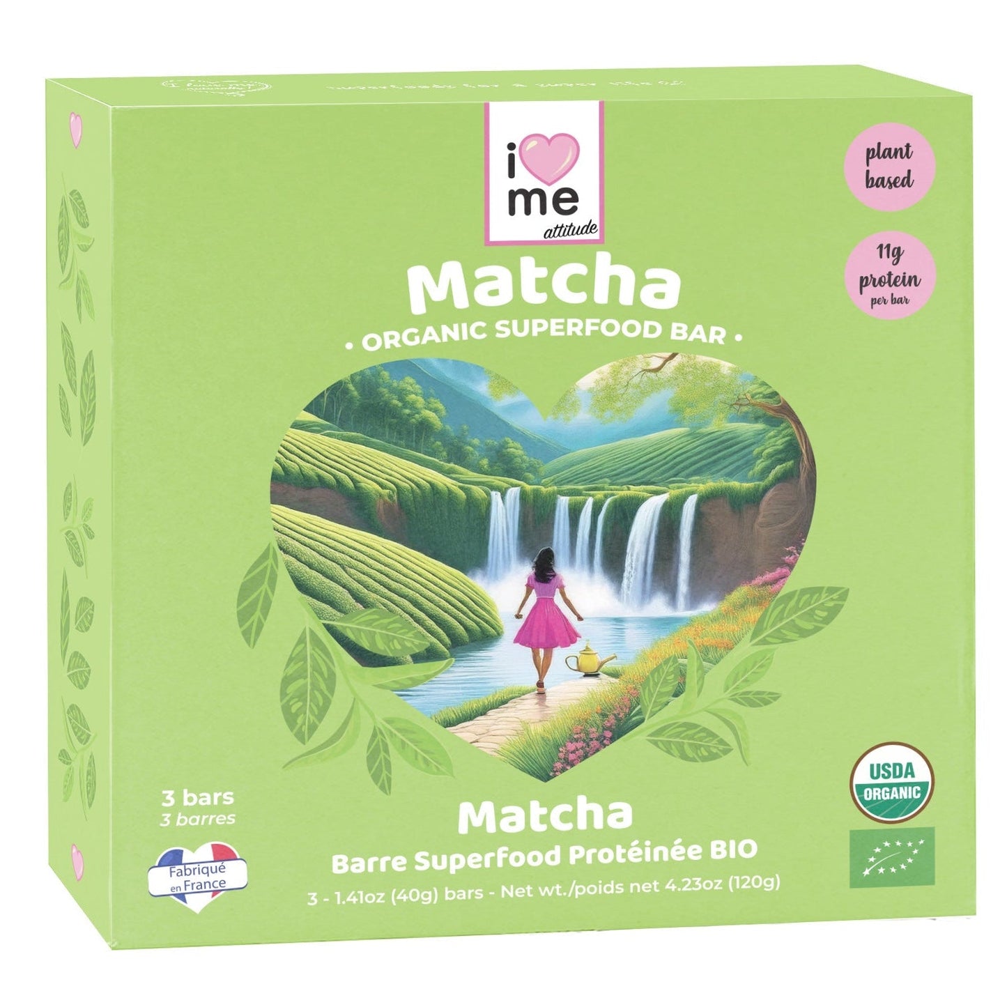 Organic Matcha Protein Bar by I LOVE ME, vegan superfood snack with green matcha powder and protein, pack of three.