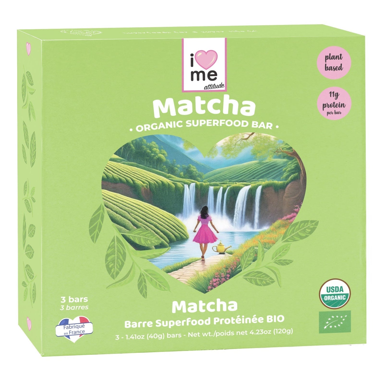 Organic Matcha Protein Bar by I LOVE ME, vegan superfood snack with green matcha powder and protein, pack of three.