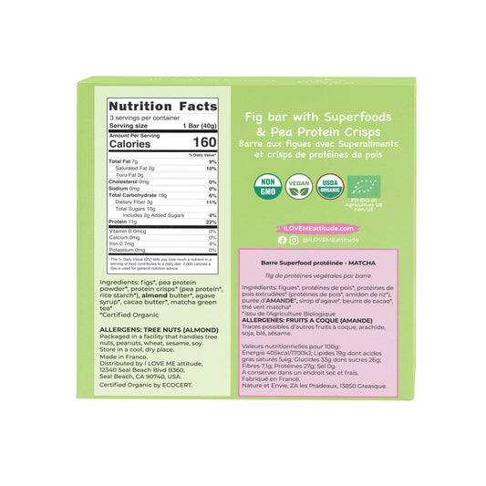 Organic Matcha Protein Bar by I LOVE ME, vegan superfood snack with green matcha and plant-based ingredients, pack of three