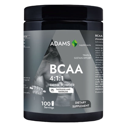 Adams Supplements BCAA 4:1:1 supplement in 400g package, featuring a white powder with a subtle aroma in a plastic container.