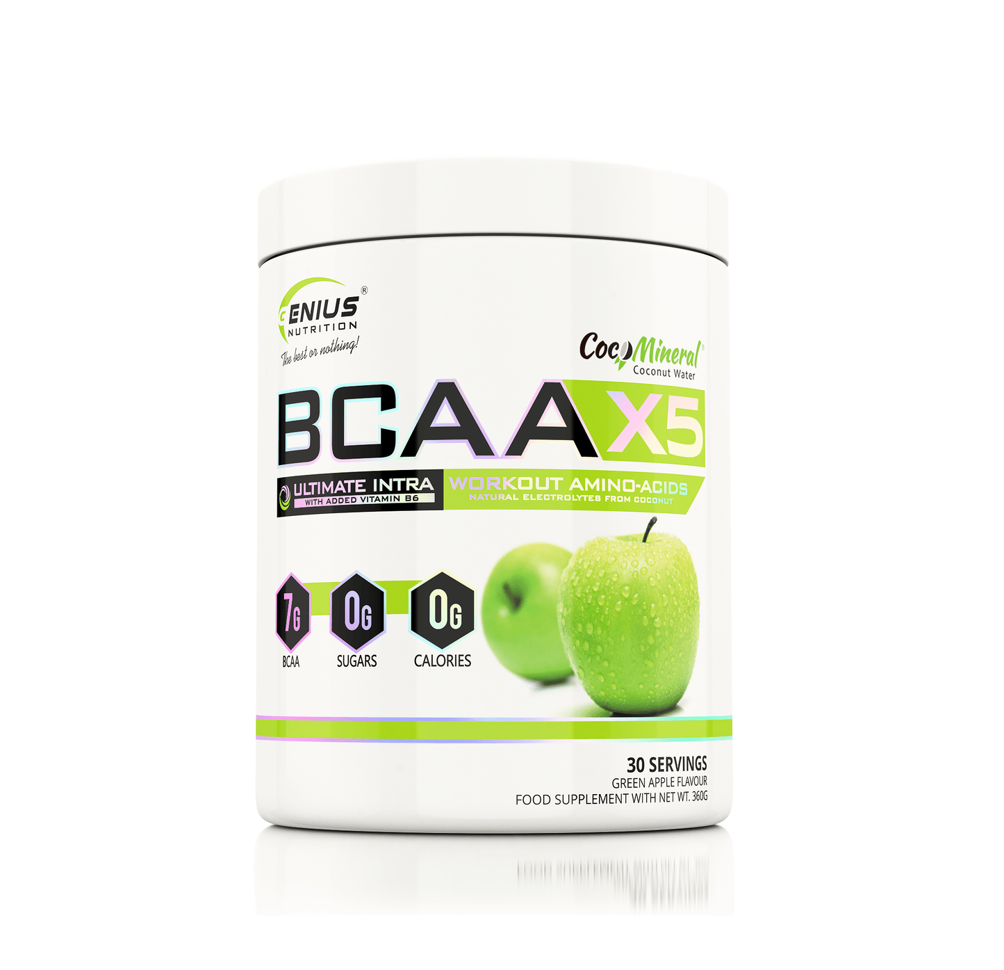 Genius Nutrition BCAA-X5 supplement container with apple flavor, 360g, 30 servings, showing the product label and branding.