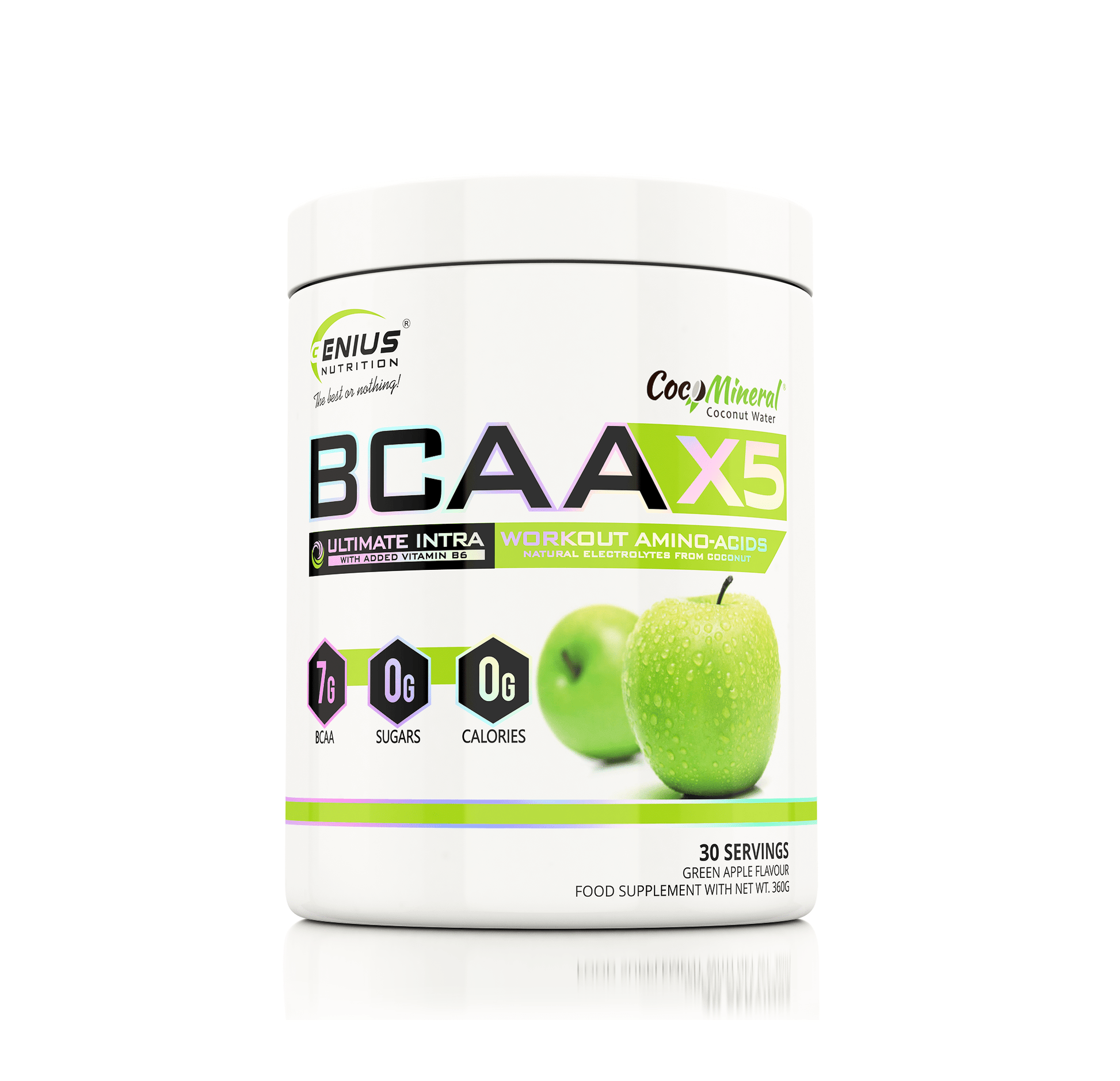 Genius Nutrition BCAA-X5 supplement container with apple flavor, 360g, 30 servings, showing the product label and branding.