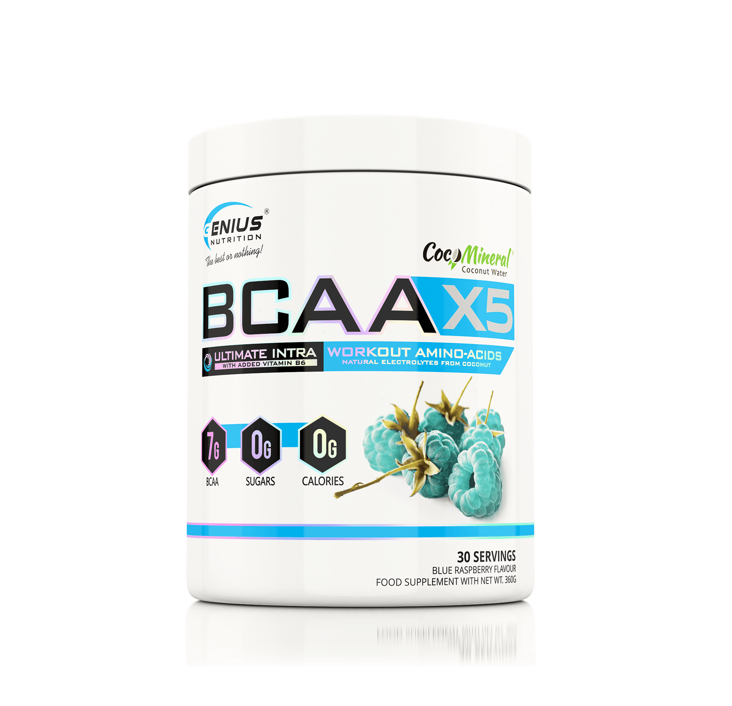 Genius Nutrition BCAA-X5 supplement container with 360g of amino acids, showing the product label and branding.