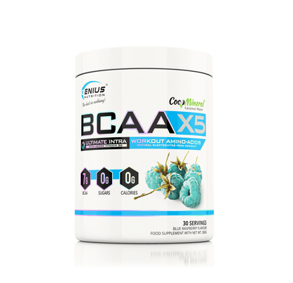 Genius Nutrition BCAA-X5 supplement container with 360g of amino acids, showing the product label and branding.