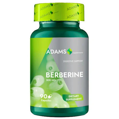Bottle of Adams Supplements Berberine 500mg capsules, dietary supplement with 90 softgels for health support.