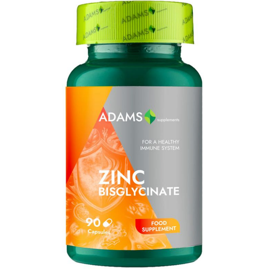 Bottle of Adams Supplements Zinc Bisglycinate capsules with 90 count, showing the supplement label and product packaging.
