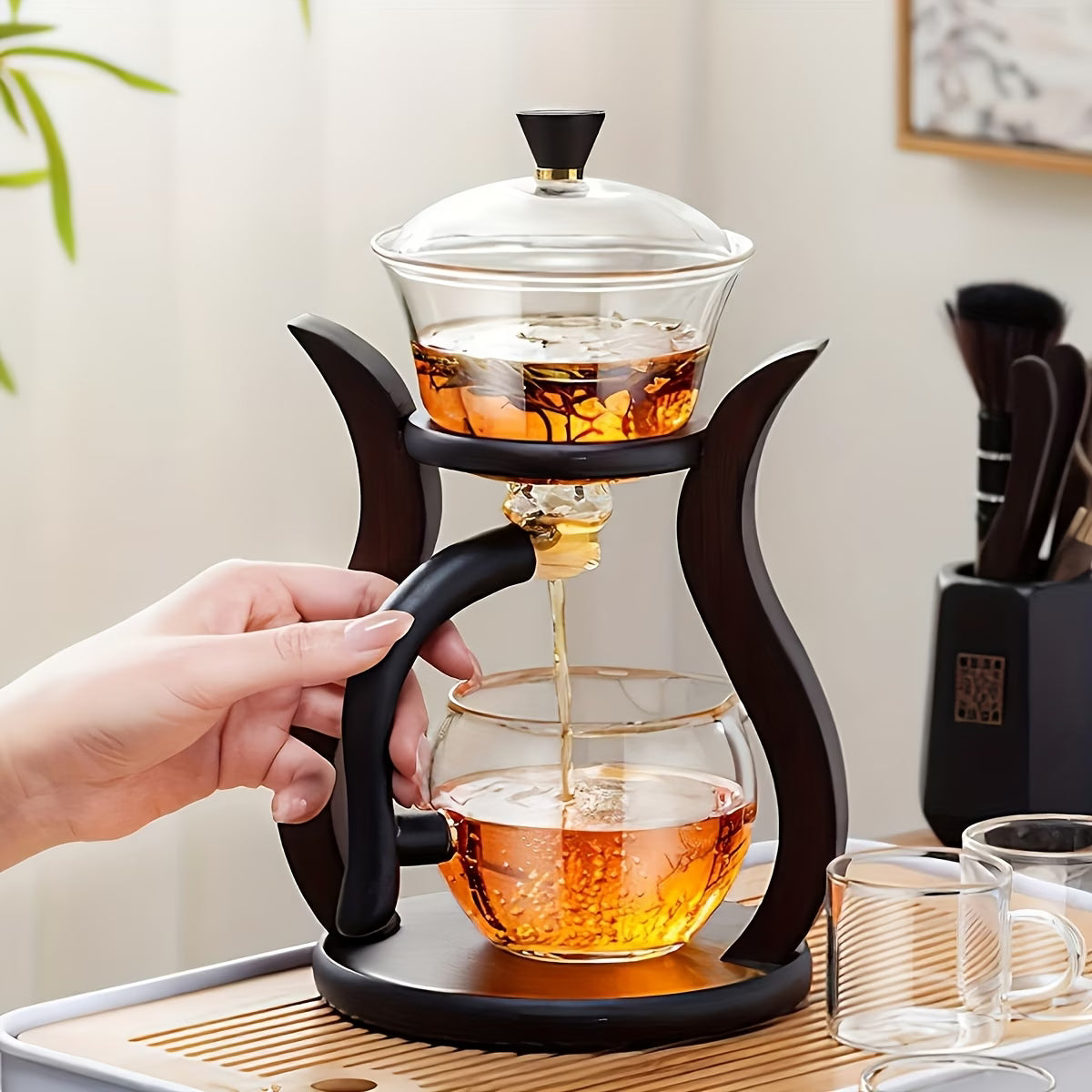 Premium TEMU semi-automatic glass gongfu tea set with six cups, featuring clear glass teapot and elegant tea accessories.