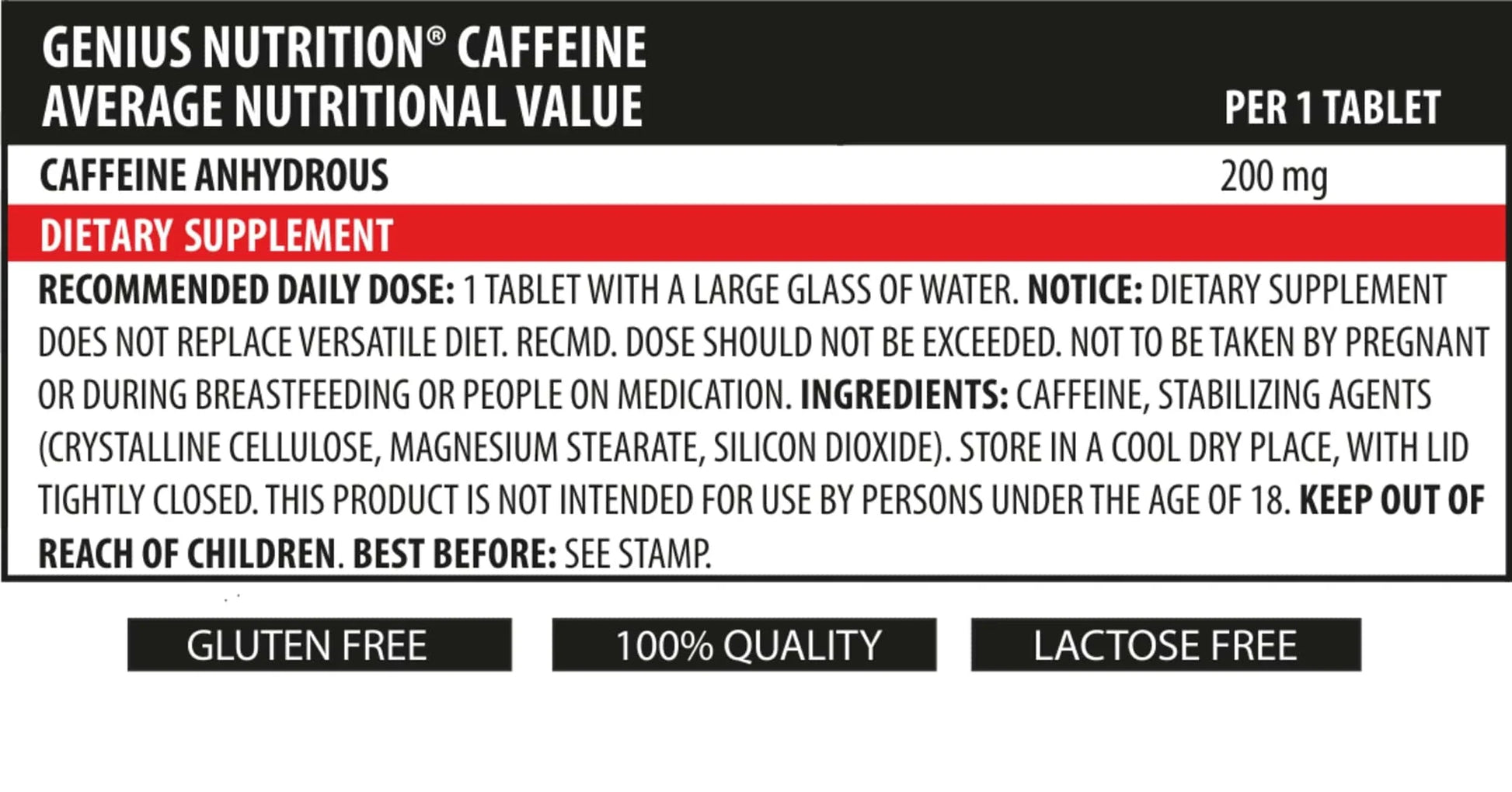 Genius Nutrition Caffeine 90-tab energy supplement bottle with 90 tablets, designed to boost alertness and focus.