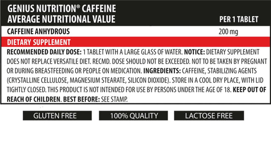 Genius Nutrition Caffeine 90-tab energy supplement bottle with 90 tablets, designed to boost alertness and focus.
