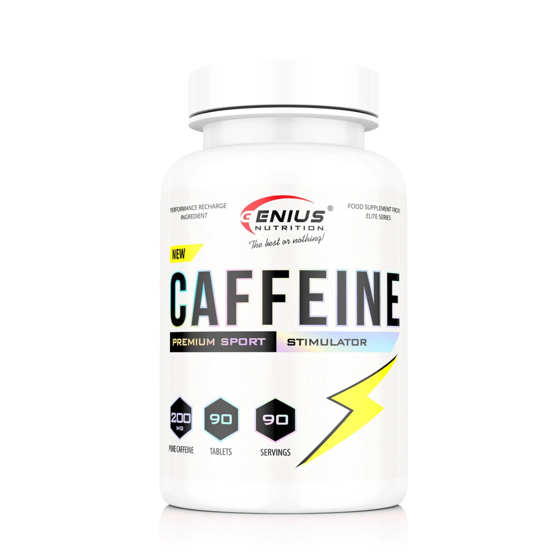 Genius Nutrition Caffeine energy supplement bottle with 90 tabs, labeled as a powerful energy booster supplement.