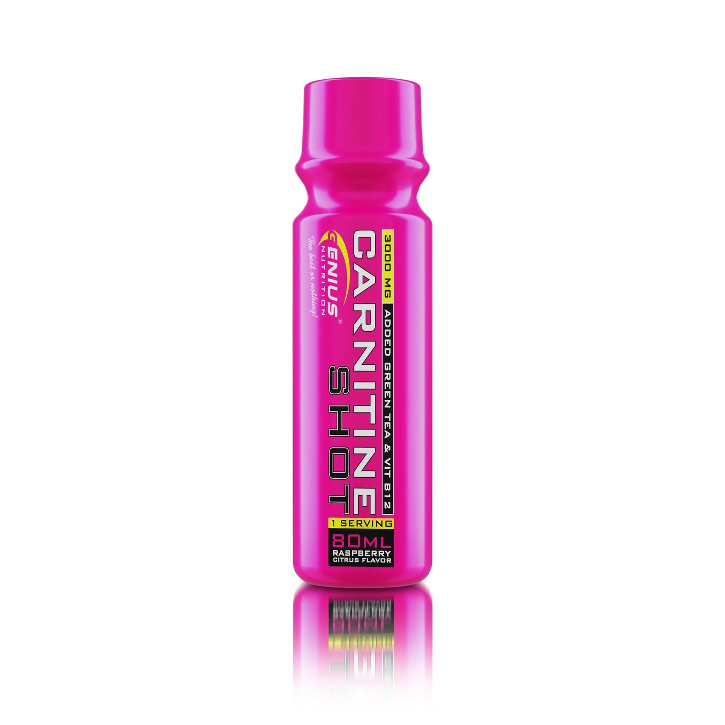 Genius Nutrition Carnitine Shot 80ml supplement with raspberry citrus flavor and 3000mg of carnitine in a white background.