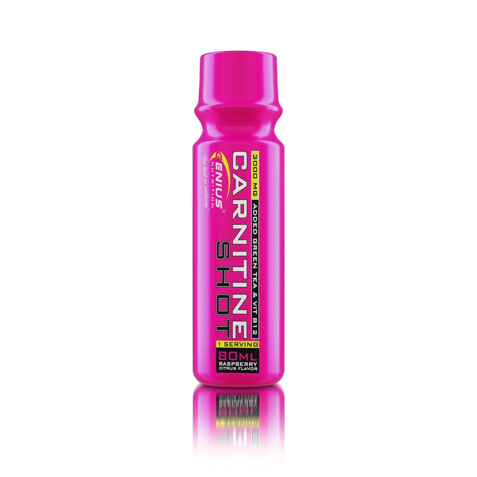 Genius Nutrition Carnitine Shot 80ml supplement with raspberry citrus flavor and 3000mg of carnitine in a white background.