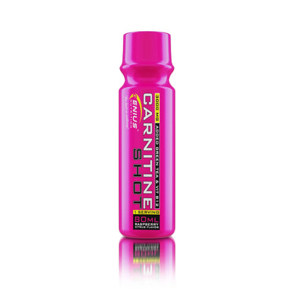 Genius Nutrition Carnitine Shot 80ml supplement with raspberry citrus flavor and 3000mg of carnitine in a white background.