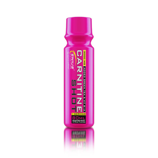 Genius Nutrition Carnitine Shot 80ml supplement with raspberry citrus flavor and 3000mg of carnitine in a white background.