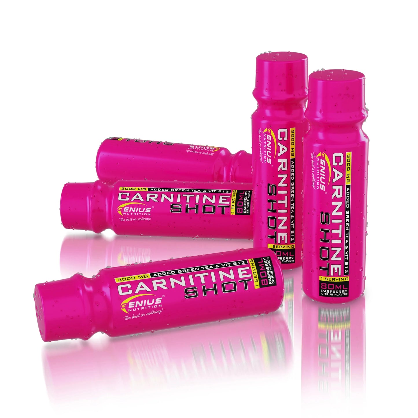 Genius Nutrition Carnitine Shot 80ml supplement bottle on white background, showing the product label and branding.