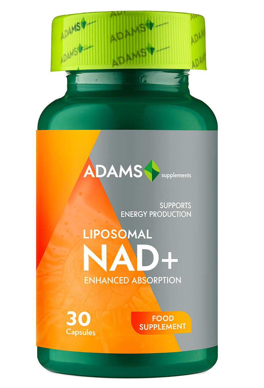 Liposomal NAD+ supplement by Adams Supplements, 300mg, 30 capsules, showing the bottle and label with supplement details.