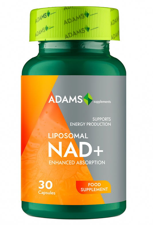 Liposomal NAD+ supplement by Adams Supplements, 300mg, 30 capsules, showing the bottle and label with supplement details.