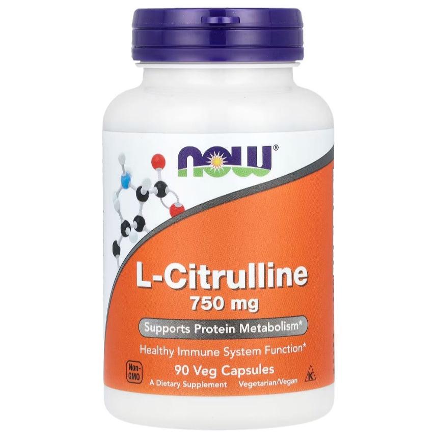 NOW Foods L-Citrulline supplement bottle with 90 vegetarian capsules, showing the product label and capsule images.