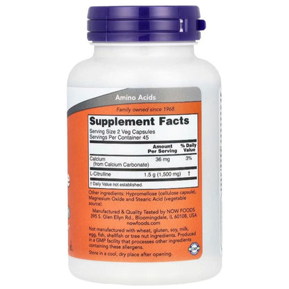 NOW Foods L-Citrulline supplement capsules, 750mg, 90 vegetarian capsules, shown in a clear bottle with label.