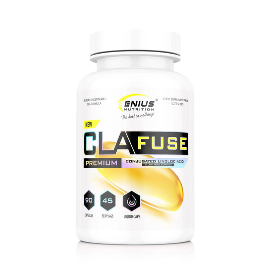 Genius Nutrition CLAFUSE 90 softgels supplement bottle with softgel capsules on a white background