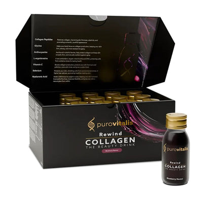 Open box of Herbalistas Purovitalis REWIND Liquid Collagen supplement in 60ml bottles, showing the clear liquid inside.