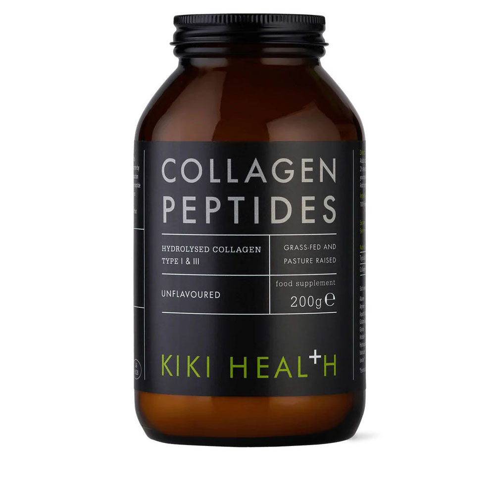 Kiki Health Grass Fed Collagen Peptides Powder in a 200g container, featuring Types 1 & 3 for healthy skin and joints.
