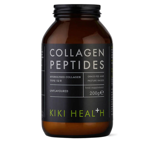 Kiki Health Grass Fed Collagen Peptides Powder in a 200g container, featuring Types 1 & 3 for healthy skin and joints.