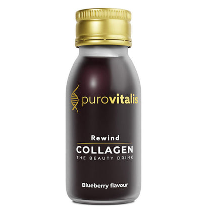 Herbalistas Purovitalis REWIND Liquid Collagen supplement bottle with 6000mg collagen, 60ml, 15-pack, front view.
