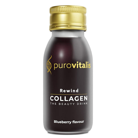Herbalistas Purovitalis REWIND Liquid Collagen supplement bottle with 6000mg collagen, 60ml, 15-pack, front view.
