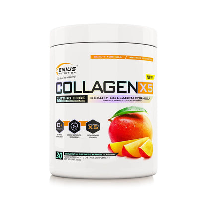 Genius Nutrition Collagen-X5 supplement in mango flavor, 360g jar with 30 servings, showing the colorful collagen powder and packaging.