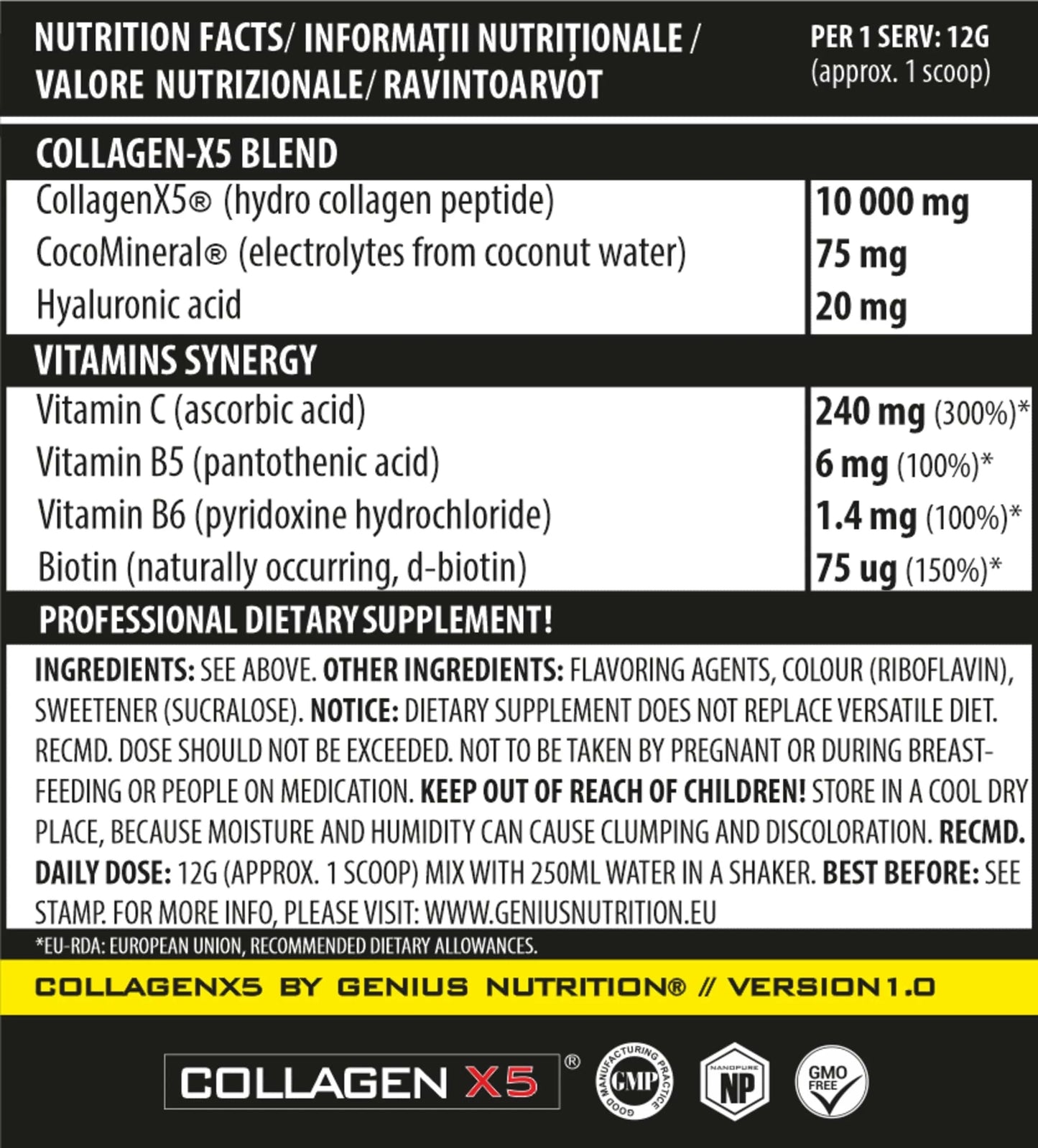 Genius Nutrition Collagen-X5 supplement container with 360g, showing the product label and branding.