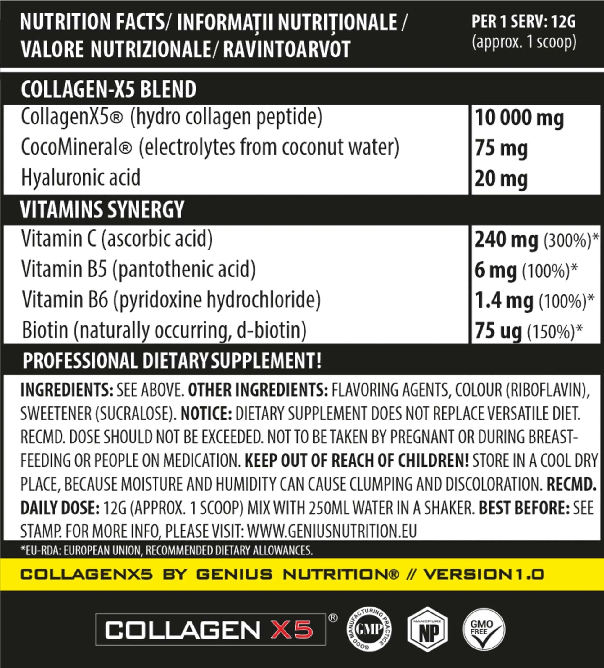 Genius Nutrition Collagen-X5 supplement container with 360g, showing the product label and branding.
