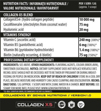 Genius Nutrition Collagen-X5 supplement container with 360g, showing the product label and branding.