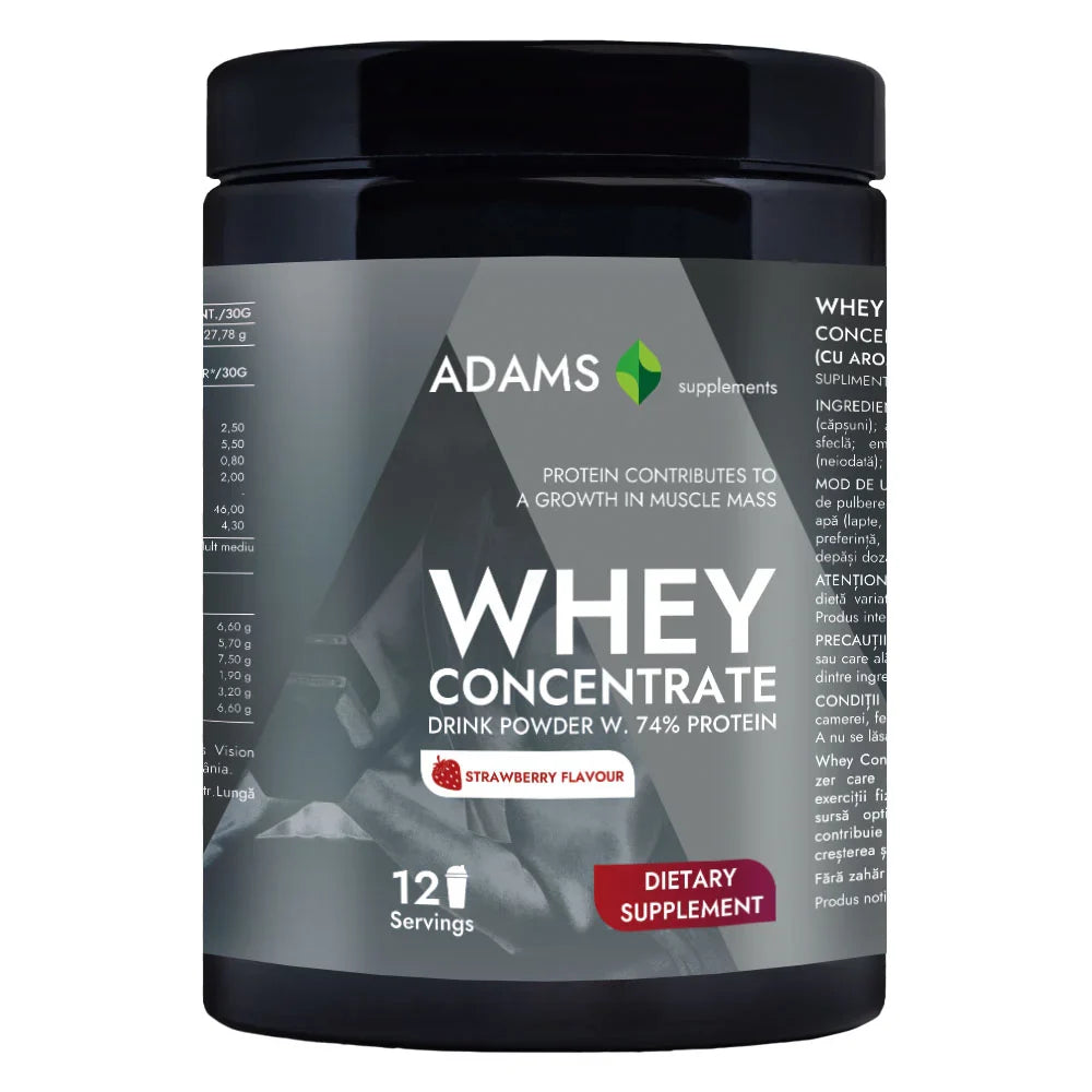 Adams Supplements whey concentrate protein powder in 360g container, showcasing the label and packaging of the dietary supplement.