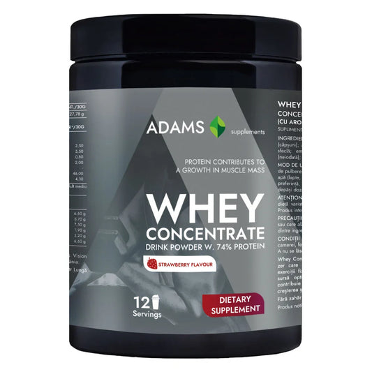 Adams Supplements whey isolate protein in strawberry flavor, 360g container, supplement powder with vibrant strawberry image.