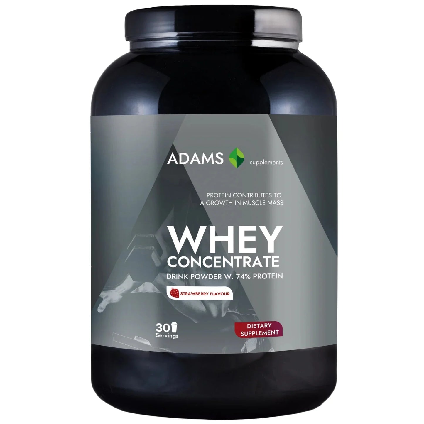 Adams Supplements whey concentrate protein powder, 908g jar, creamy texture, ideal for muscle recovery and post-workout nutrition.