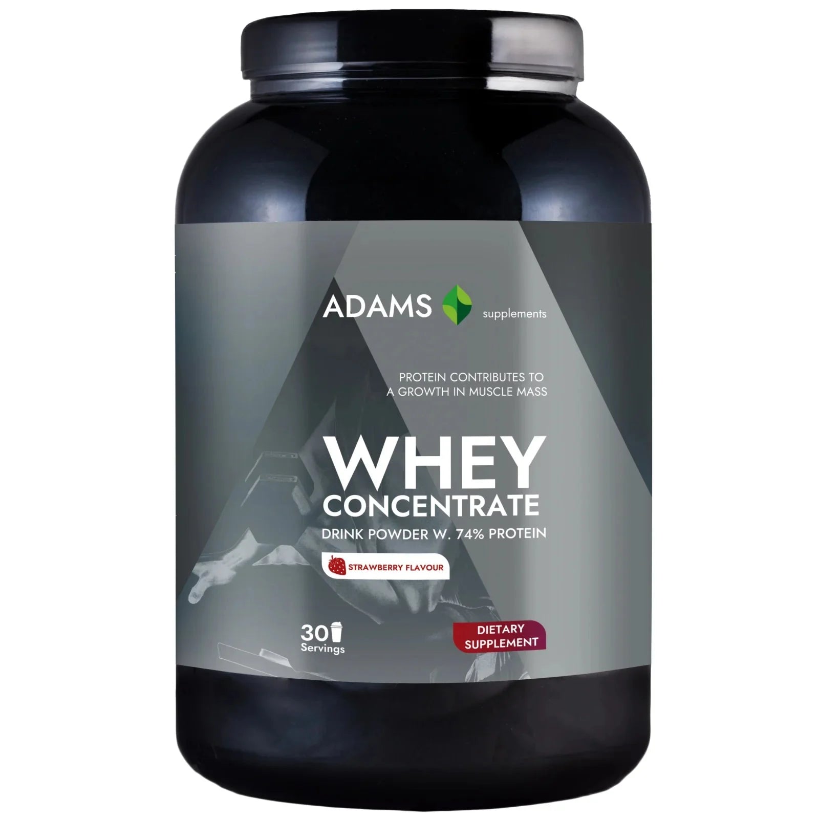 Adams Supplements whey concentrate protein powder, 908g jar, creamy texture, ideal for muscle recovery and post-workout nutrition.