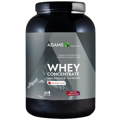 Adams Supplements whey concentrate protein powder, 908g jar, creamy texture, ideal for muscle recovery and post-workout nutrition.