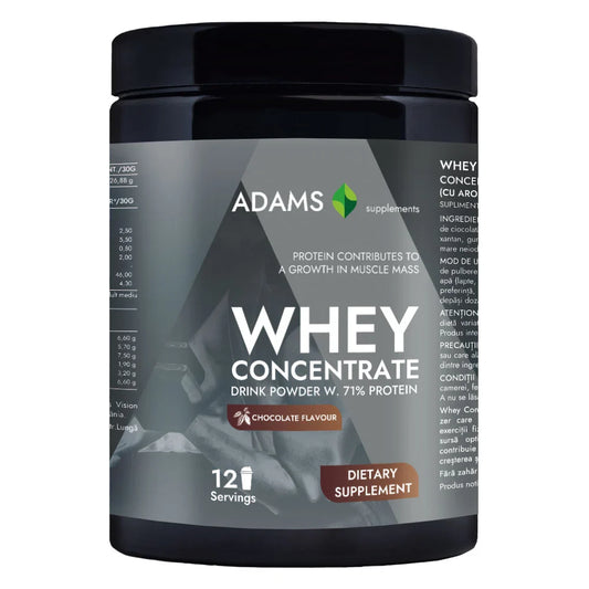 Adams Supplements whey concentrate protein powder in 360g container, chocolate flavor, showing the product packaging and label.