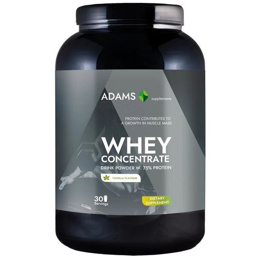 Vanilla-flavored Adams Supplements whey concentrate protein powder in a 908g container, ideal for muscle recovery and nutrition.