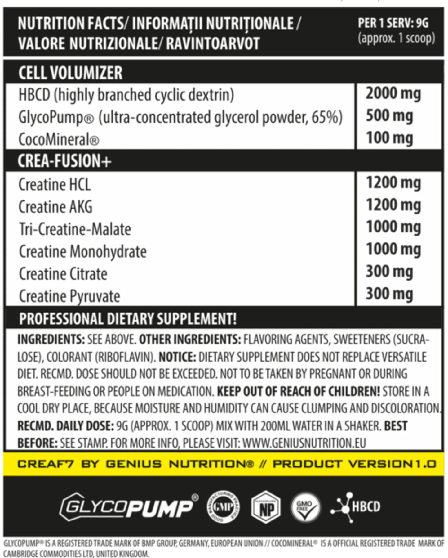 CreaF7 supplement by Genius Nutrition in a 405g container with 45 servings, showcasing the product label and packaging.