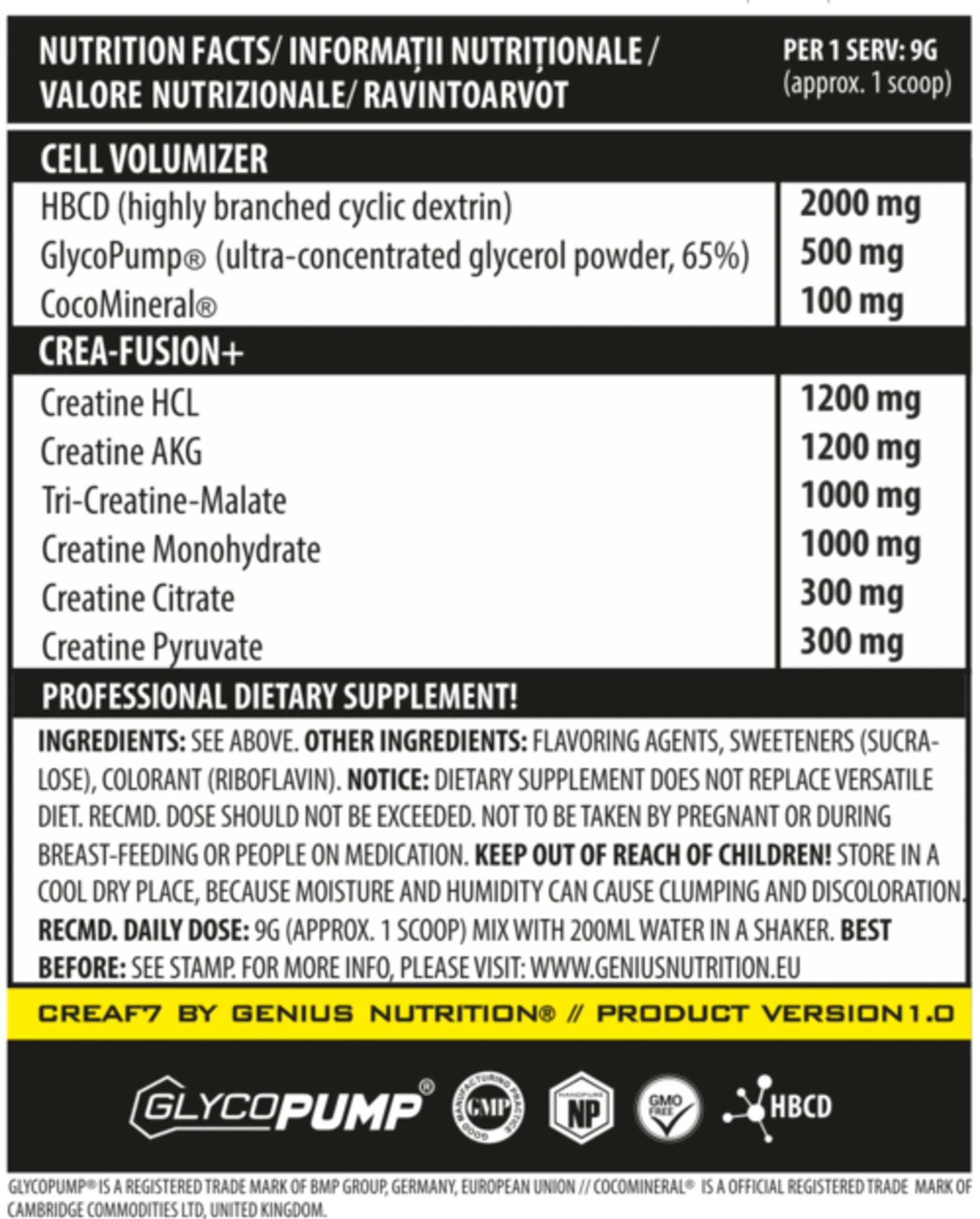 CreaF7 supplement by Genius Nutrition in a 405g container with 45 servings, showcasing the product label and packaging.