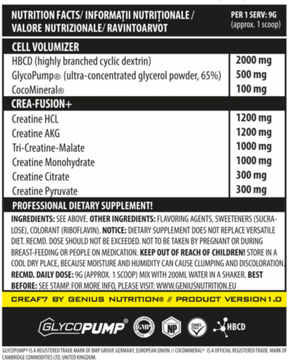 CreaF7 supplement by Genius Nutrition in a 405g container with 45 servings, showcasing the product label and packaging.
