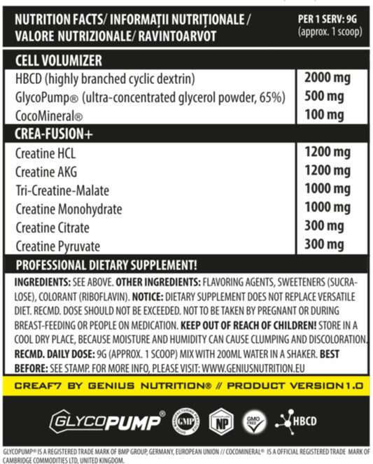 CreaF7 supplement by Genius Nutrition in a 405g container with 45 servings, showcasing the product label and packaging.