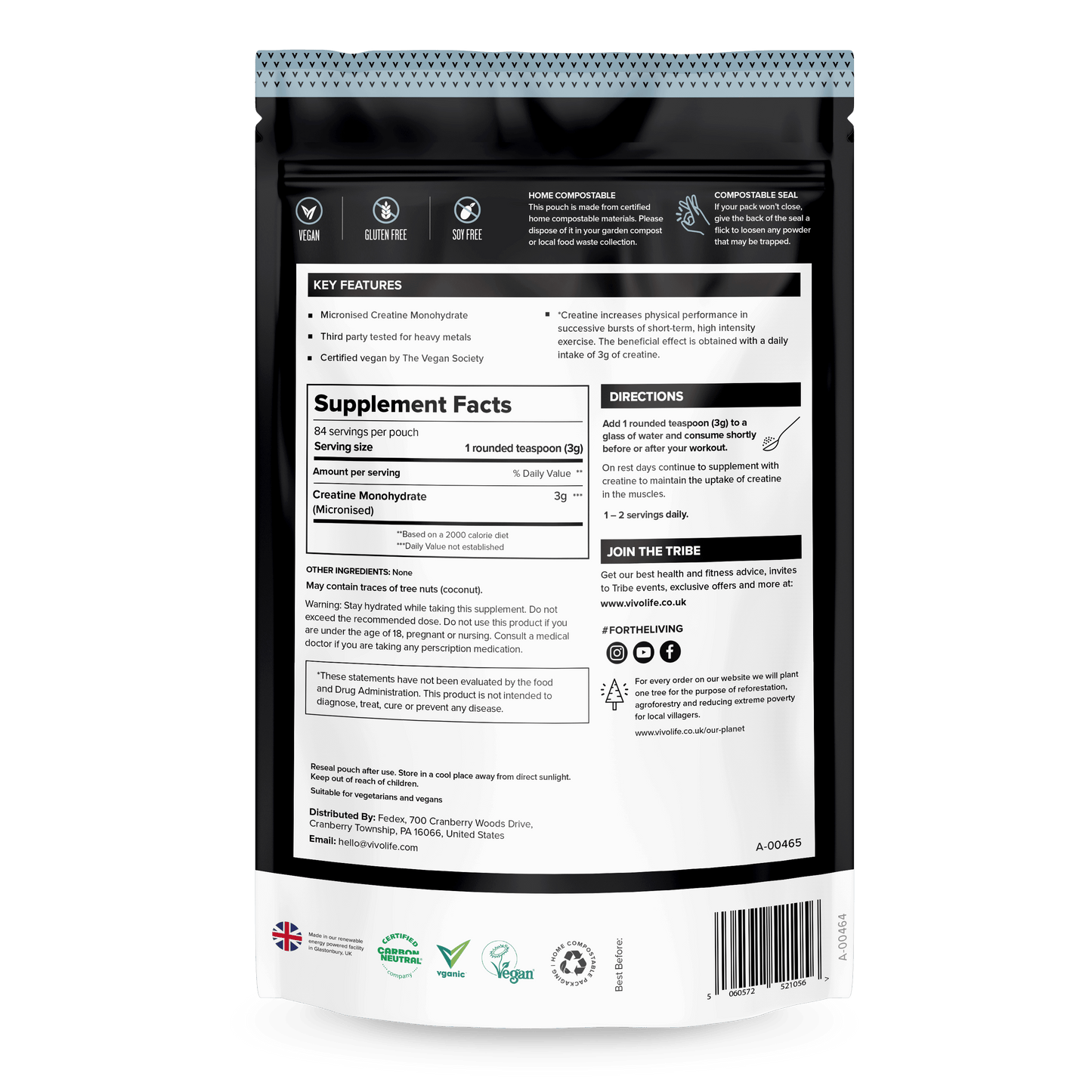 Vivo Life ultra-pure micronized creatine monohydrate supplement container with label, showing supplement product for fitness.