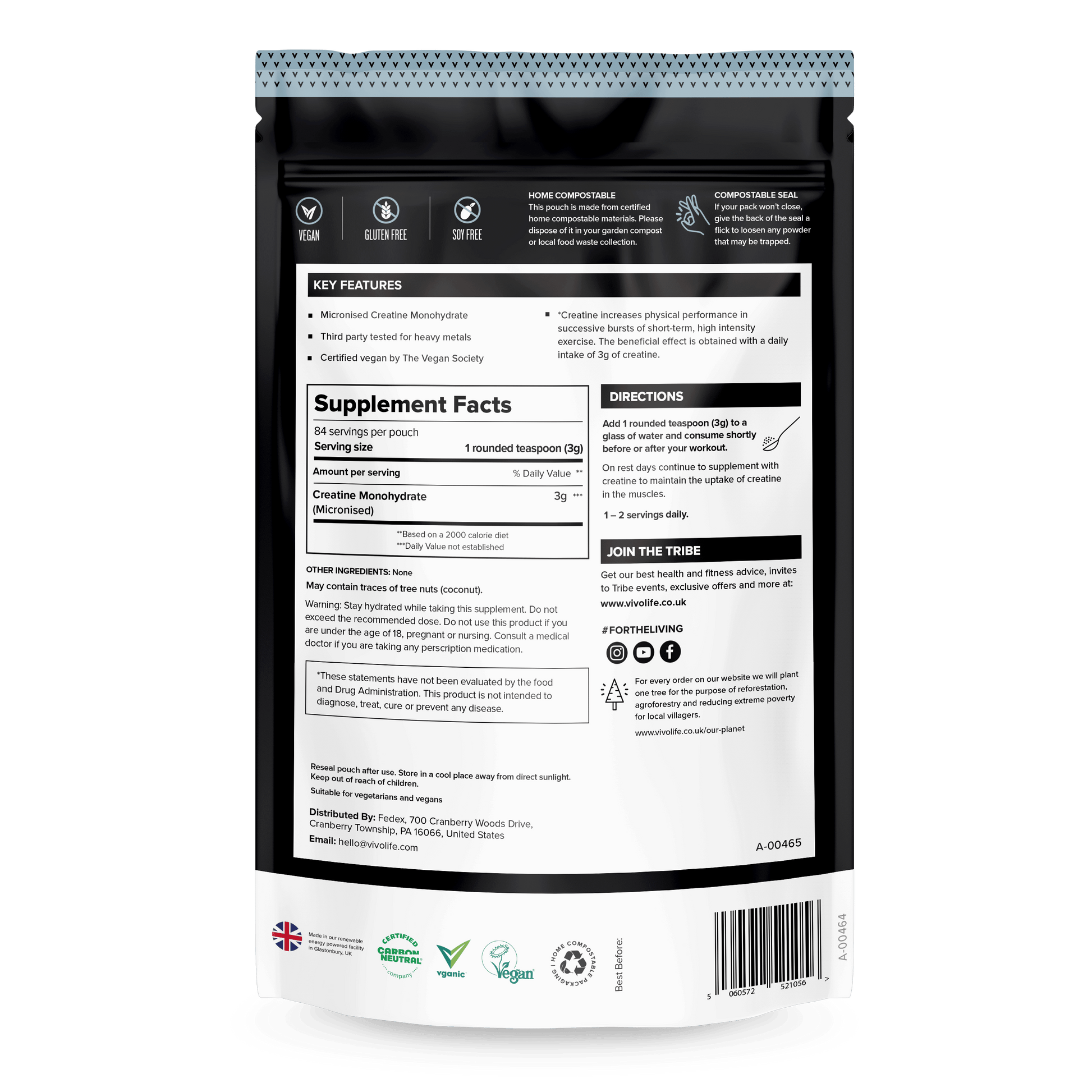 Vivo Life ultra-pure micronized creatine monohydrate supplement container with label, showing supplement product for fitness.