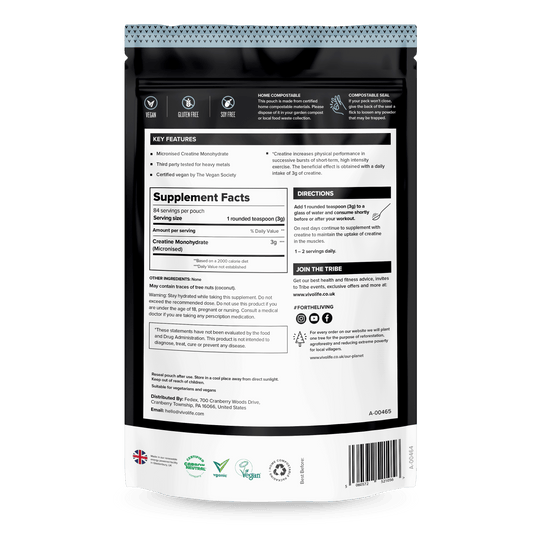 Vivo Life ultra-pure micronized creatine monohydrate supplement container with label, showing supplement product for fitness.