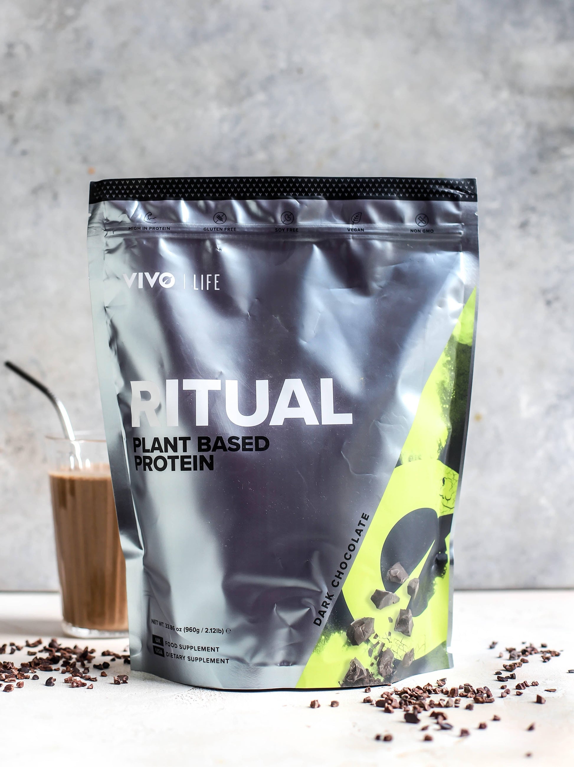 Vivo Life dark chocolate plant-based protein powder, 30 servings, in a sleek container, showcasing rich dark chocolate flavor.