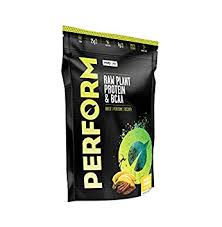 Large container of Vivo Life PERFORM Raw Plant Protein & BCAA protein powder with a scoop and label showing ingredients and branding.